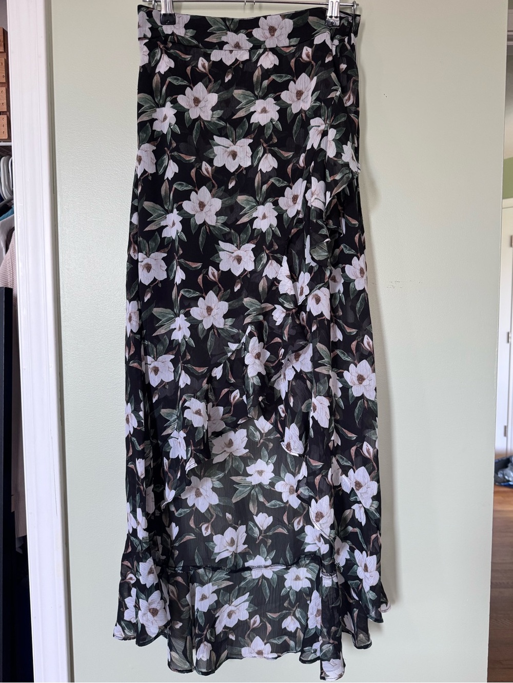 Blue Rain Black Floral Maxi Skirt with White Blossoms